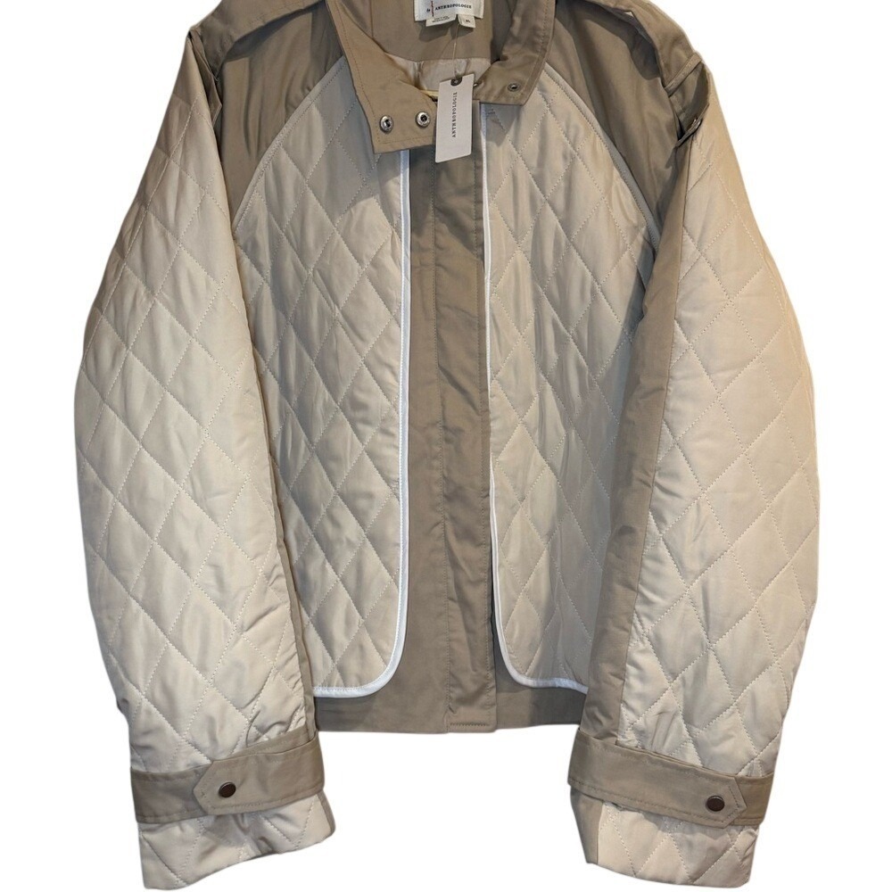 Anthropologie Quilt Mix Cropped Jacket Coat Khaki & Cream Zipper X-Large NWT - Picture 3 of 8